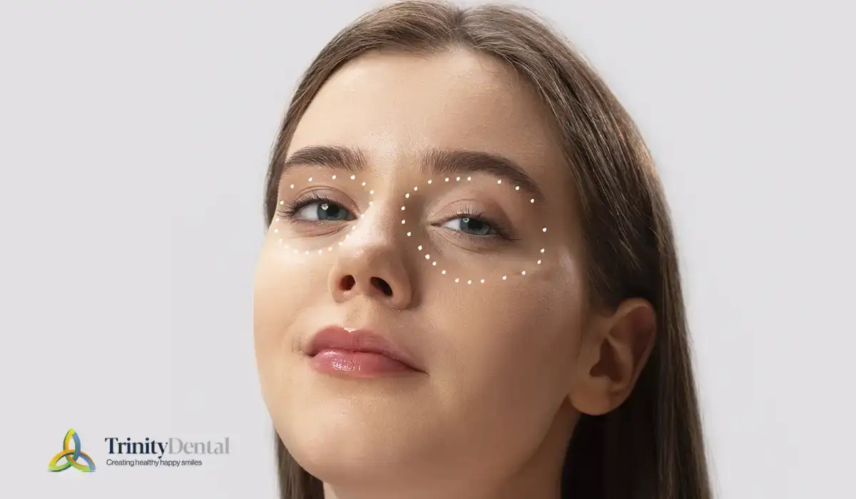 woman with dark under-eye shadows showing tear trough hollowness before filler treatment in London