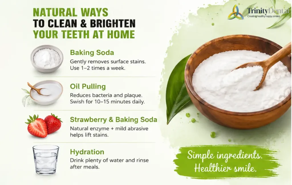 Natural home remedies for teeth whitening including baking soda, charcoal, and healthy foods that support white teeth