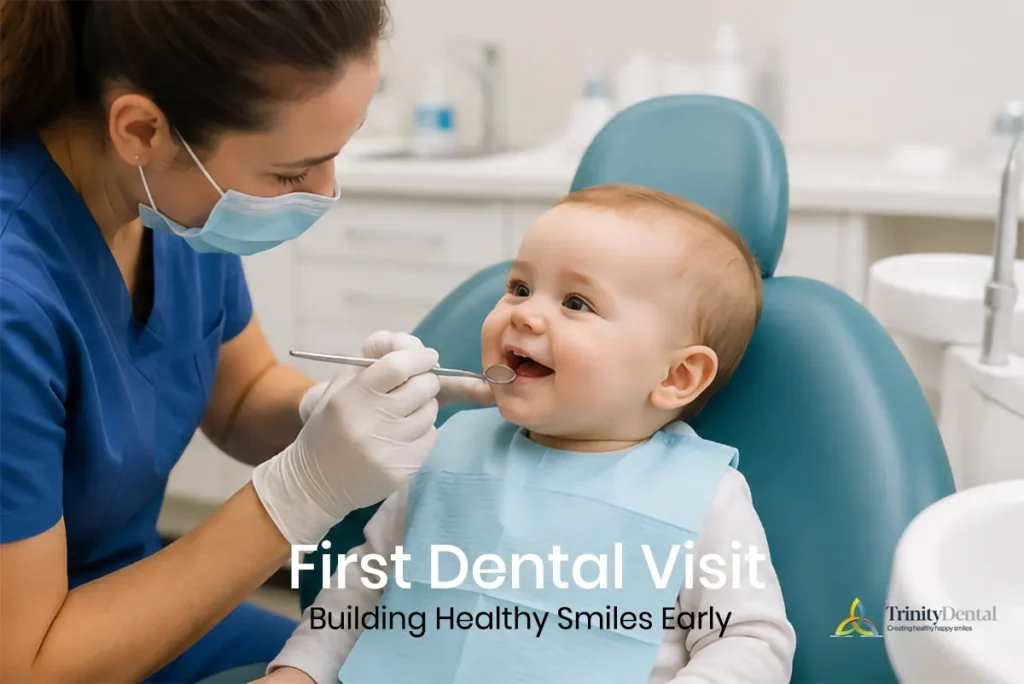 Baby having a comfortable first dental examination with a pediatric dentist