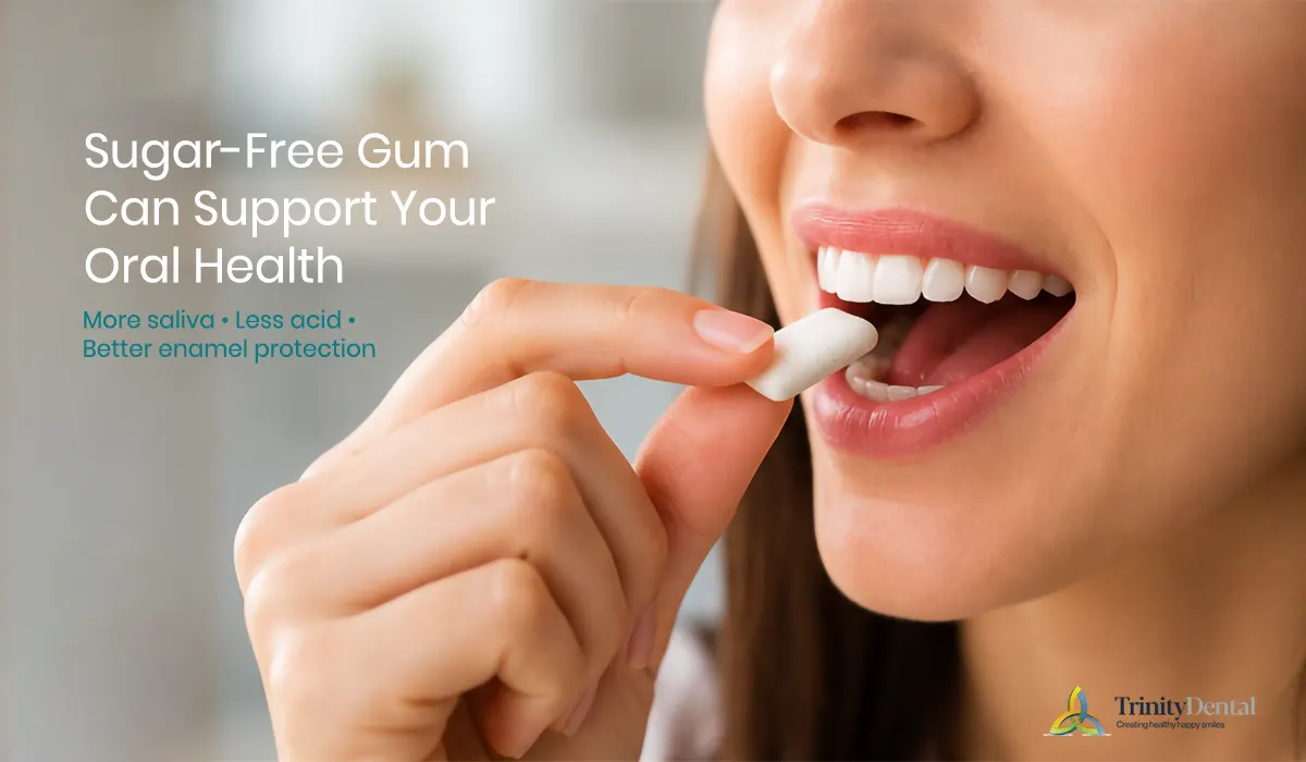 Woman chewing sugar-free gum to support healthy teeth and saliva production